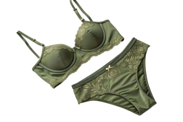 Olive green lingerie set featuring a bra and match PNG Image
