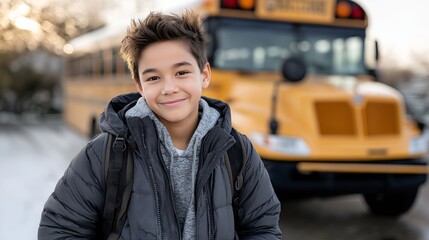 Fototapeta premium Smiling boy standing confidently in front of a school bus on a sunny day