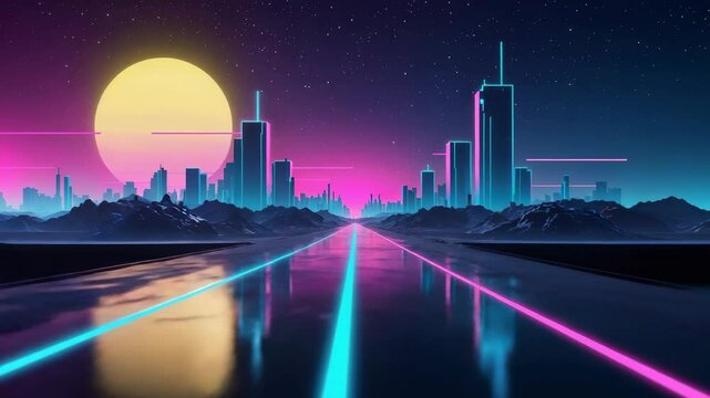 Showing neon highway with parallel neon lines leading toward stylized sun at night, city skyline