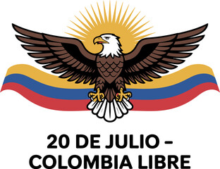 Eagle and Colombia flag illustration with rising sun and strong national pride marking 20 de julio  