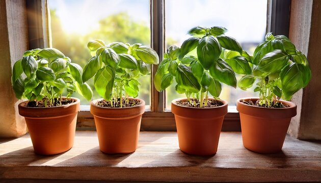 four basil plants in terracotta pots placed on a sunny windowsill with green leaves glowing in natural light concept home gardening and growth - Powered by Adobe