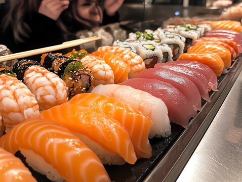 Vibrant all you can eat sushi spread including salmon - Powered by Adobe