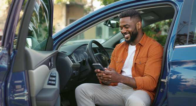 Smiling african american man sits in his car looking at his phone