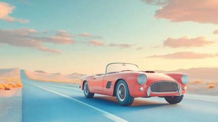 Classic Red Convertible on Desert Highway at Sunset