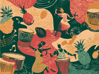 Seamless Vector Pattern Featuring Stylized Steelpan Drums, Dancing Figures, Tropical Fruits, Music Notes, and Waves in a Rhythmic, Musical Flow
