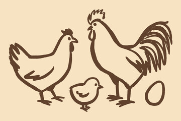 Chicken rooster chick egg naive sketch vector illustration