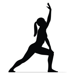 woman in Bent-knee power stance dance pose, a black silhouette of a woman performing a yoga or stretching pose against a pure white background.