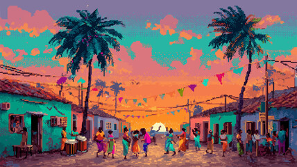 Pixel Art of a Caribbean Street Festival with Steelpan Musicians Dancing Crowd Flags and Palm Trees at Sunset