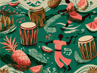 Seamless Pattern with Stylized Steelpan Drums Dancing Figures Tropical Fruits Music Notes and Waves in a Rhythmic Flow