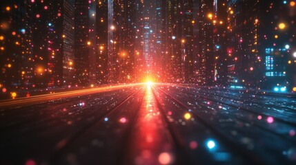 Obraz premium Futuristic city street bathed in vibrant light. A digital, glowing pathway through a network of illuminated skyscrapers, filled with particles of color
