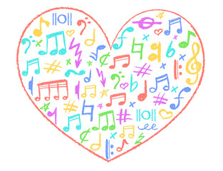 Heart shape filled with musical icons set. Cute underline symbols charcoal stamp texture and kindergarten color. Colorful music note, lightning and love signs collection. Vector card illustration