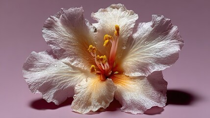 White flower on pink background, minimalist floral elegance and delicate beauty