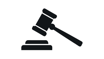 Minimalist black icon of a judge's gavel and sounding block. A vector graphic symbol representing law, justice, court, and auction.