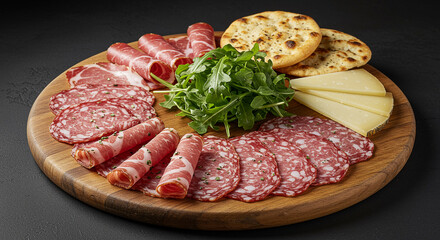 Fototapeta premium Charcuterie board with prosciutto salami cheese arugula and bread on a wooden platter