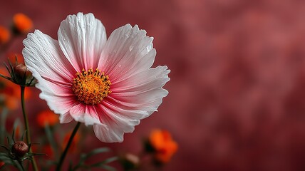 White flower on pink background, minimalist floral elegance and delicate beauty