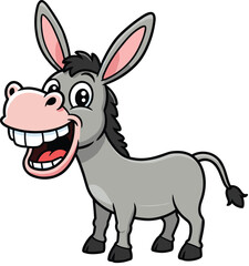 Funny cartoon donkey smiling with big teeth, happy farm animal vector illustration, cute gray mule character, livestock clipart for kids, humorous animated style design artwork