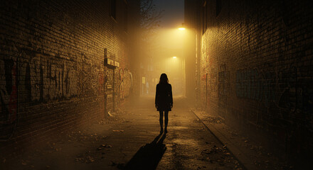 A woman walks alone down a dark foggy alley at night