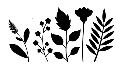 Collection of hand-drawn minimalist floral and plant silhouettes. Botanical graphic design elements isolated on white background.