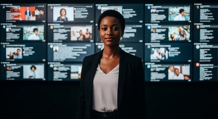 Woman standing in front of video conference display screens