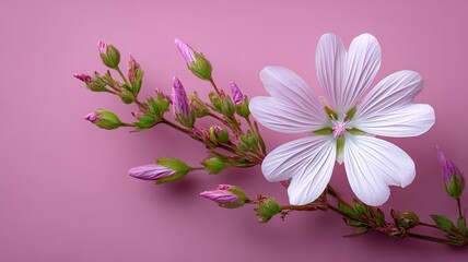 White flower on pink background, minimalist floral elegance and delicate beauty