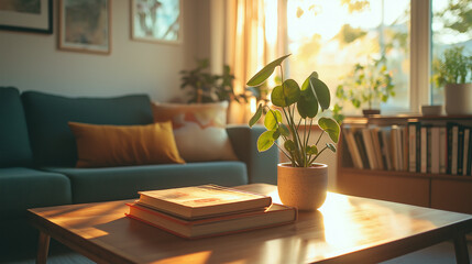 Cozy living room with sunlight illuminating a potted plant