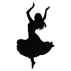 woman in Bhangra jumping arms up dance pose, a dynamic black silhouette of a woman performing a dance, likely belly dance, with her arms raised.