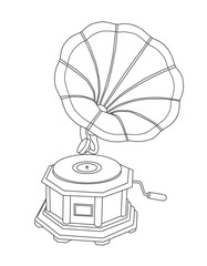 Vintage gramophone vinyl record player, line art vector illustration