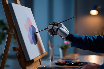 Robot arm creates abstract art on canvas in cozy studio setting