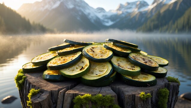 Grilled Zucchini Slices on Tree Stump by Lake with Mountains