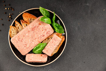 Pate meat peppers pork liver, pork meat riyet fresh delicious gourmet food background on the table rustic food top view copy space