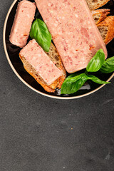 Pate meat peppers pork liver, pork meat riyet fresh delicious gourmet food background on the table rustic food top view copy space