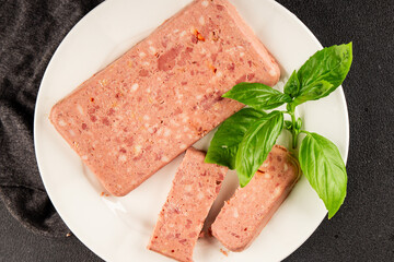 Pate meat peppers pork liver, pork meat riyet fresh delicious gourmet food background on the table...