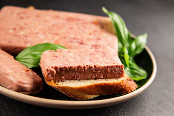 Pate meat peppers pork liver, pork meat riyet fresh delicious gourmet food background on the table rustic food top view copy space