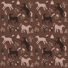 Seamless Scandinavian forest vector pattern with hand-drawn horses and trees – beige, brown and coffee color palette. minimalist and cozy design is perfect for nursery prints, wallpaper, textile, pack