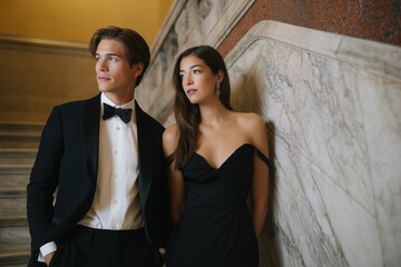 Elegant couple poses at a formal event in a classic building