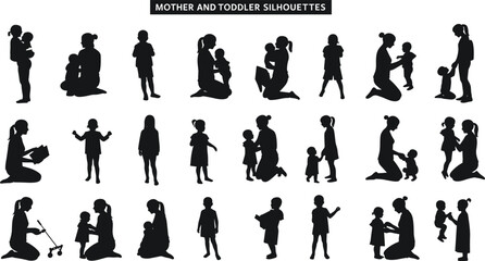 Collection of mother and toddler silhouettes showing parenting, childhood, bonding, nurturing, interaction, love, care, growth, play, and daily family moments in vector illustration.