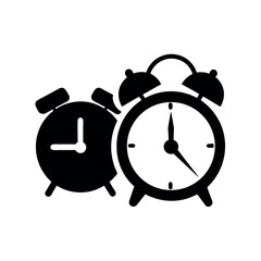Alarm clock silhouette icon vector in black for time, schedule, punctuality, wake-up reminder, or classic clock design concepts.