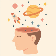 A vibrant illustration depicting a creative mind bursting with ideas.  Ideal for educational materials, websites, or presentations emphasizing imagination and innovation.  Flat style design.
