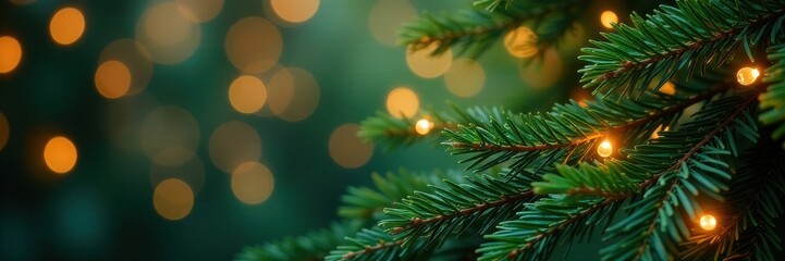 Glowing lights encircle vibrant green pine boughs, perfect festive background , warm lights, element, pattern