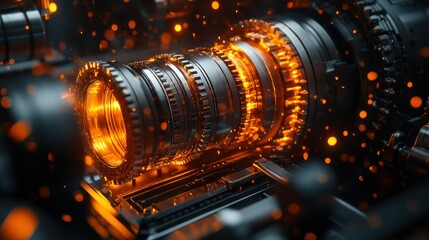 High-tech lens mechanism with intricate gears and glowing elements
