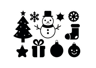 Collection of Simple Black and White Christmas Icons Snowman, Tree, Stars, Gifts, Ornaments, and More &ndash; Perfect for Holiday Designs