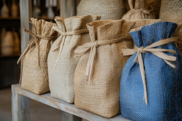 Burlap sacks displayed on a wooden shelf in a rustic shop