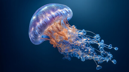 Fototapeta premium A jellyfish with a purple and blue bell and orange tentacles floating in dark blue water space