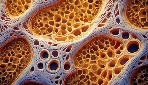 microscopic view of bone tissue showing decreased density and increased porosity characteristic of osteoporosis