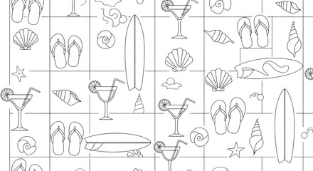 Summer themed pattern with surfboards cocktails seashells and flipflops in line art.