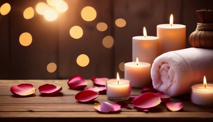 aromatherapy haven a soothing spa scene with burning candles and delicate rose petals gracefully scattered on a rustic wooden surface capturing tranquility and wellness