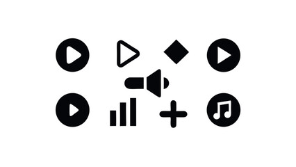 Collection of Media Player Icons Play, Pause, Volume, Add, Music Note, and More