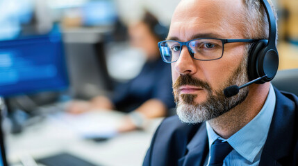 Efficient warehouse manager with headset focused on tasks, showcasing professionalism and dedication in busy environment