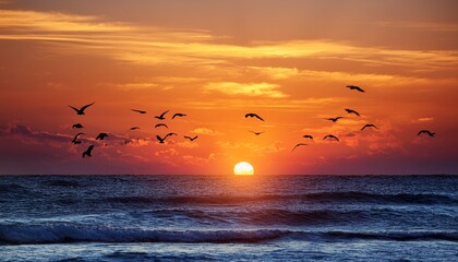 serene sunrise over the ocean horizon with birds silhouetted against the vibrant sky symbolizing freedom new journeys and hope for the future