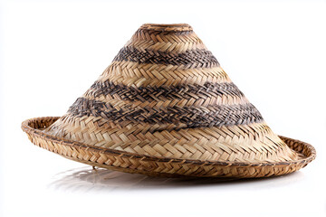 traditional caping hat made of woven rattan in a wide cone shape, used by farmers to protect themselves from heat and rain.